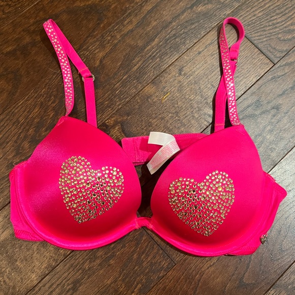 Victoria Secret PINK Hot Pink crystal heart and straps push up bra - Picture 1 of 3